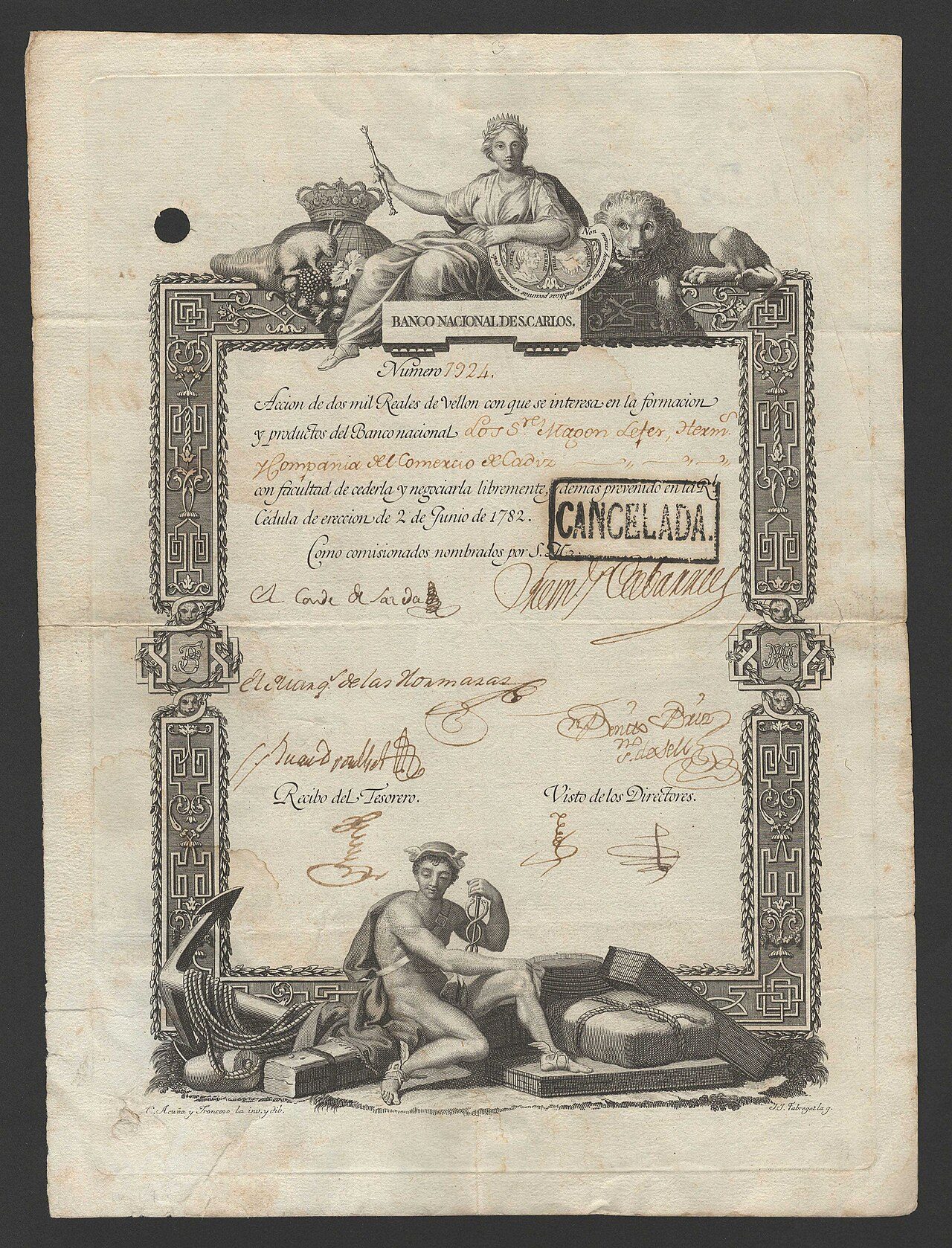 Acción fundacional del Banco Nacional de San Carlos de 1782, primer banco emisor de España.
