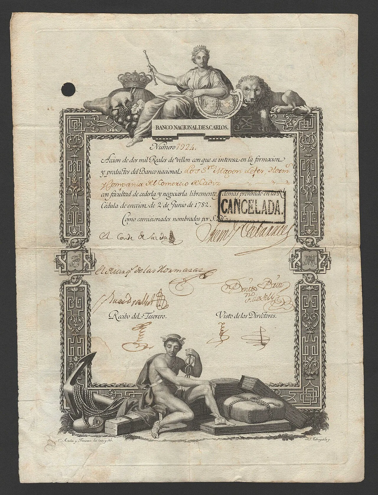 Acción fundacional del Banco Nacional de San Carlos de 1782, primer banco emisor de España, antecesor del Banco de España.