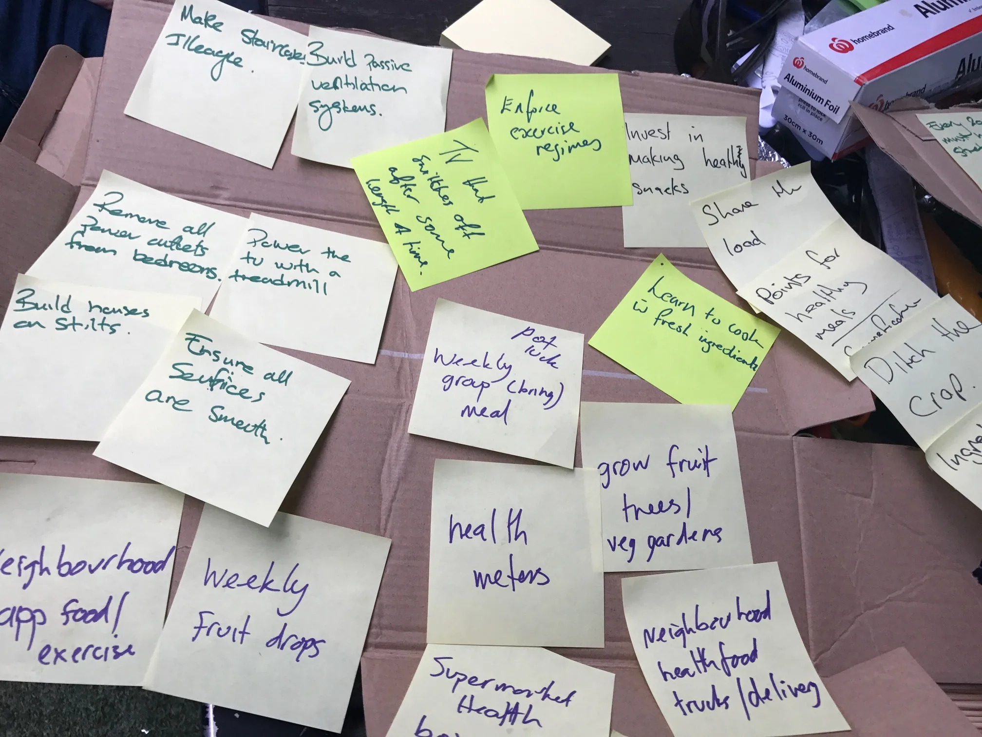 Personas trabajando alrededor de una mesa cubierta de notas adhesivas durante una sesión de generación de ideas