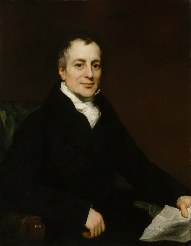 Retrato al óleo de David Ricardo realizado por Thomas Phillips hacia 1821, en el que aparece sentado, con levita oscura y mirada serena.