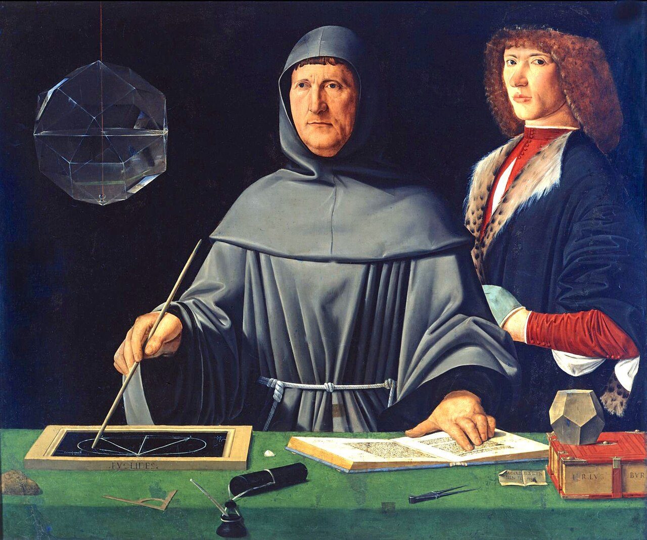 Retrato de Luca Pacioli con un alumno, con compás, libros de geometría y un dodecaedro sobre la mesa.