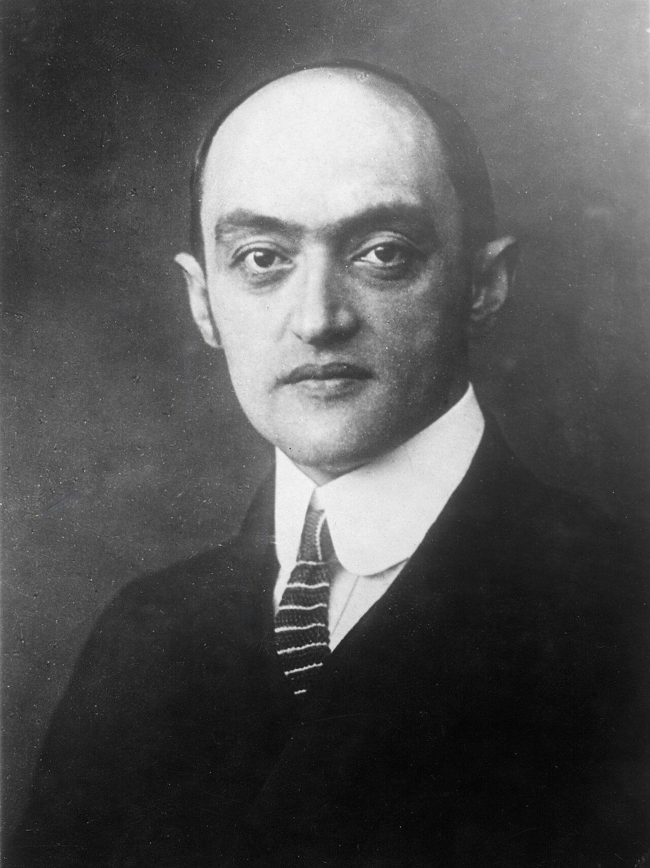 Retrato fotográfico en blanco y negro de Joseph Schumpeter, economista austríaco, con traje y corbata.