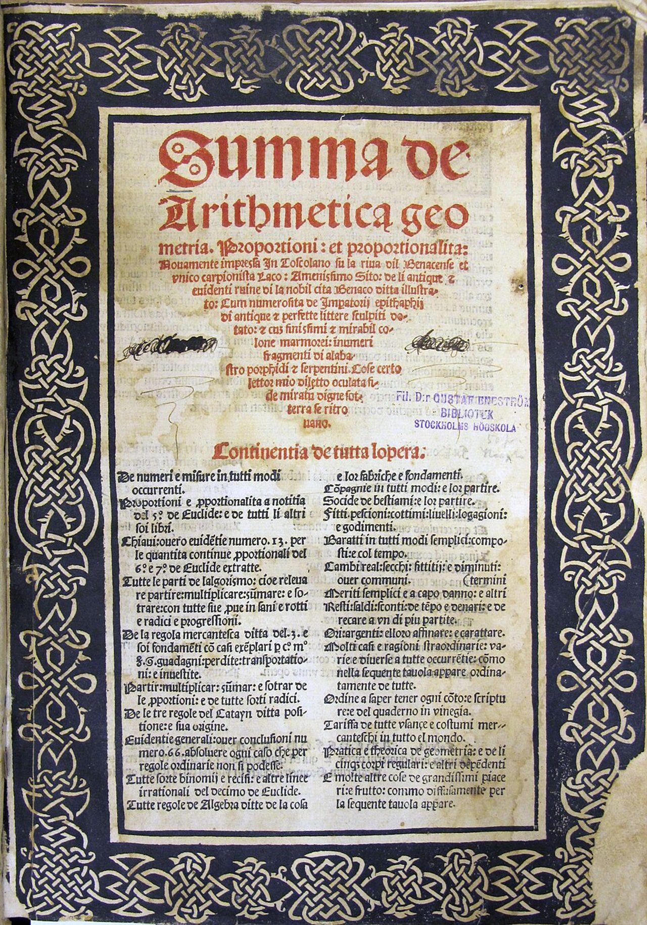 Portada de la Summa de arithmetica, geometria, proportioni et proportionalità de Luca Pacioli, impresa en Venecia.
